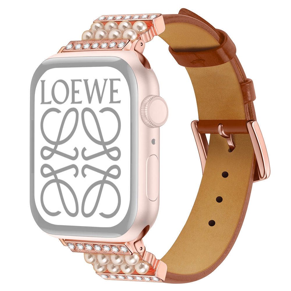 For Apple Watch Series 9 8 7 41mm 6 5 4 SE (2023) SE(2022) SE 40mm 3 2 1 38mm Genuine Leather Pearl Rhinestone Decor Watch Band Wrist Strap For Apple Watch Series 9 8 7 41mm 6 5 4 SE (2023) SE(2022) SE 40mm 3 2 1 38mm Genuine Leather Pearl Rhinestone Decor Watch Band Wrist Strap